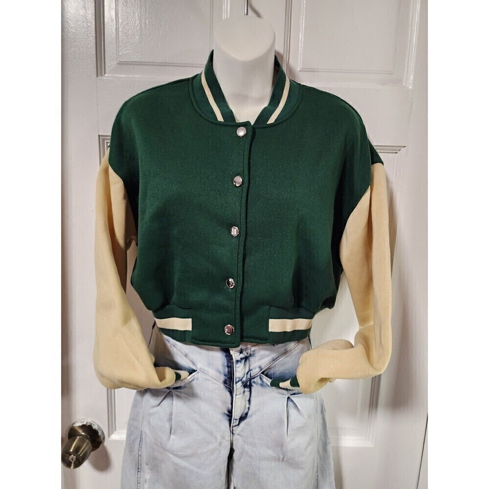 Shein Colorblock Drop Shoulder Crop Varsity Jacket Dark Green